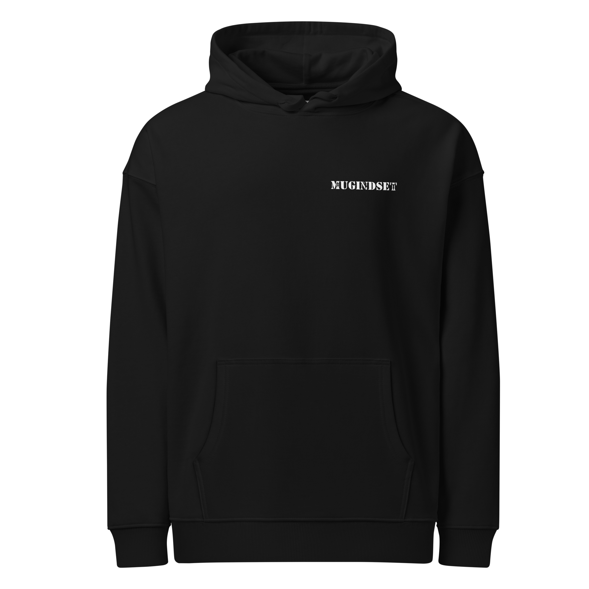 Mugindset black oversized hoodie — front view